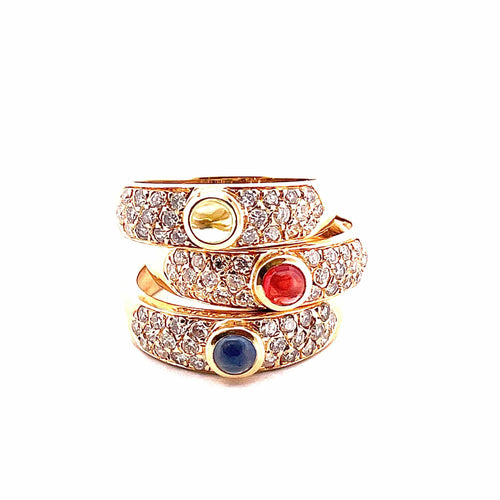 3 bagues en or jaune 18 carats , diamants naturels et pierres précieuses