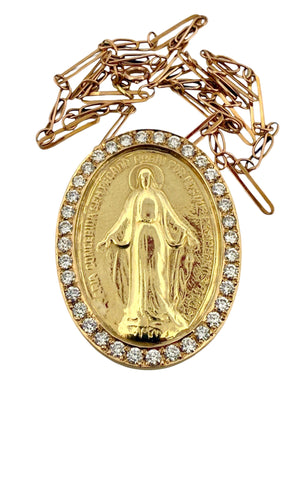 Médaille miraculeuse en or et diamants sur chaîne coulissante