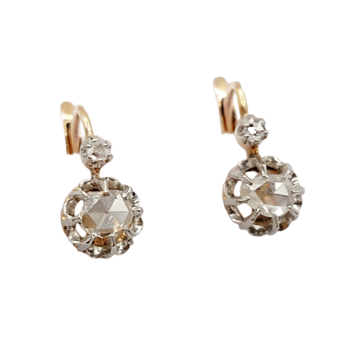 Boucles d'oreilles Dormeuses antiques en or rose 18k et diamants taille rose 58 Facettes A06338