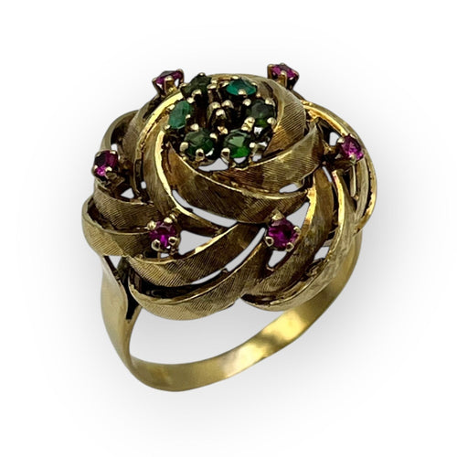 Bague chou émeraudes et rubis
