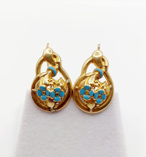 Dormeuses victorienne or 18k fleurs et émail bleu (circa 1890)