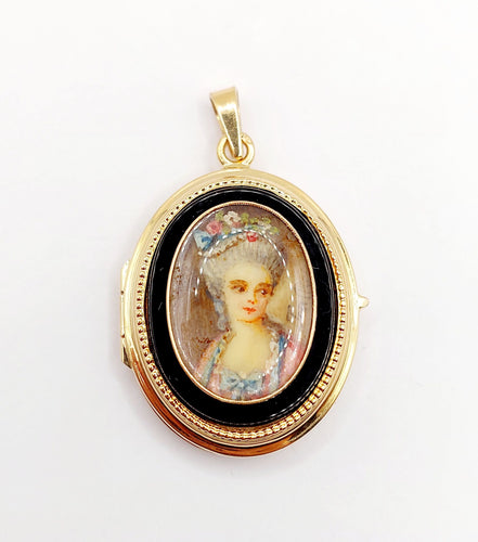 Pendentif Pendentif porte photo or rose, miniature demoiselle et onyx (circa 1900) 58 Facettes A05940