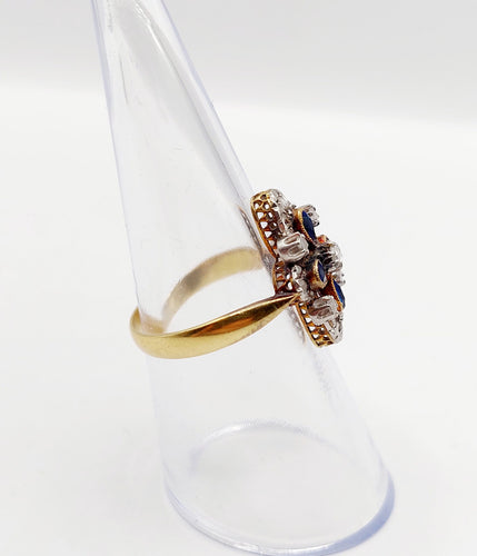 Bague 55 Bague duchesse antique diamants taille roses et pierres bleues en or 18k et platine 58 Facettes A06416