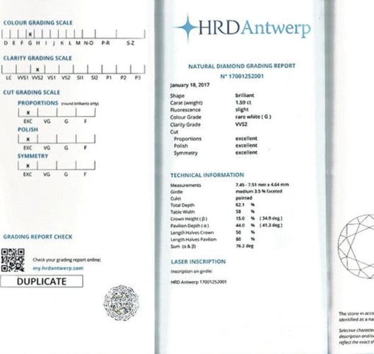 Solitaire en or blanc d'occasion, diamant taille brillant  1,59 carat