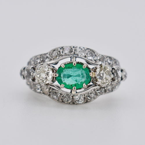 Bague 54 Bague Art-Déco 1930 Platine Emeraude Naturelle et Diamant TA 58 Facettes