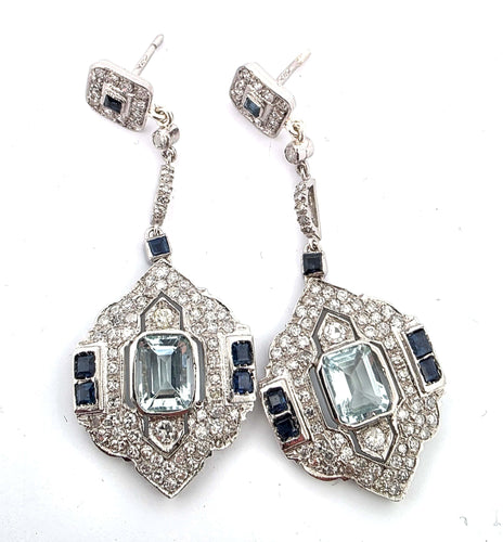 Boucles d'oreilles Boucles d'oreilles en platine avec saphirs carrés et diamants 58 Facettes