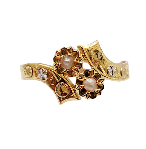 Bague 58.5 Bague toi et moi Art nouveau en or 18k avec perles et feuilles 58 Facettes A06424