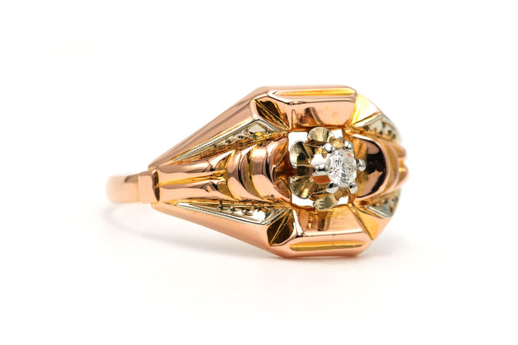 Bague 57 Bague Art Déco en or jaune et blanc 18 carats et diamant taille brillant 0,05 ct 58 Facettes B792