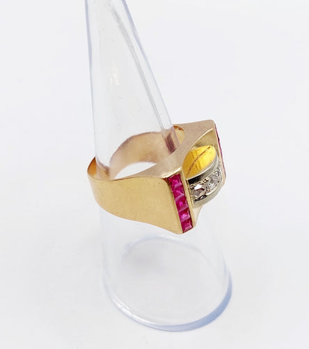 Bague 52 Bague tank Art déco en or rose 18k avec diamants et rubis synthétiques 58 Facettes A06536