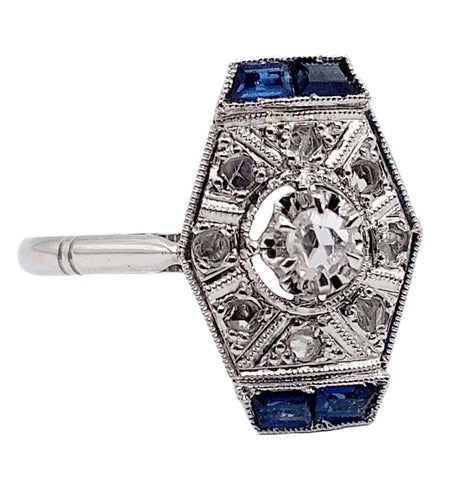 Bague 53.5 Bague marquise art deco or blanc 18k et platine ornée de diamants taille roses et de saphir calibrés dans une monture géométrique 58 Facettes A04976