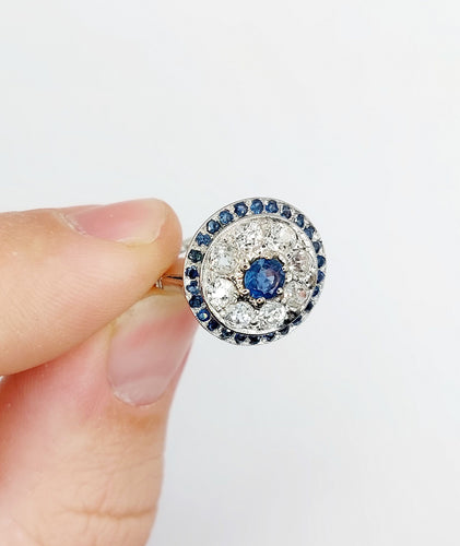 Bague 51 Bague cible art déco en platine, saphir et diamants taille ancienne 58 Facettes A06489