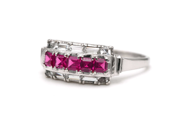 Bague 57 Bague Art Déco or blanc sertie de rubis de synthèse et de zirconiums 58 Facettes 22917