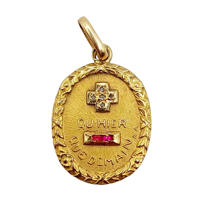 AUGIS Pendentif médaille d'amour or jaune couronne laurier diamant et rubis