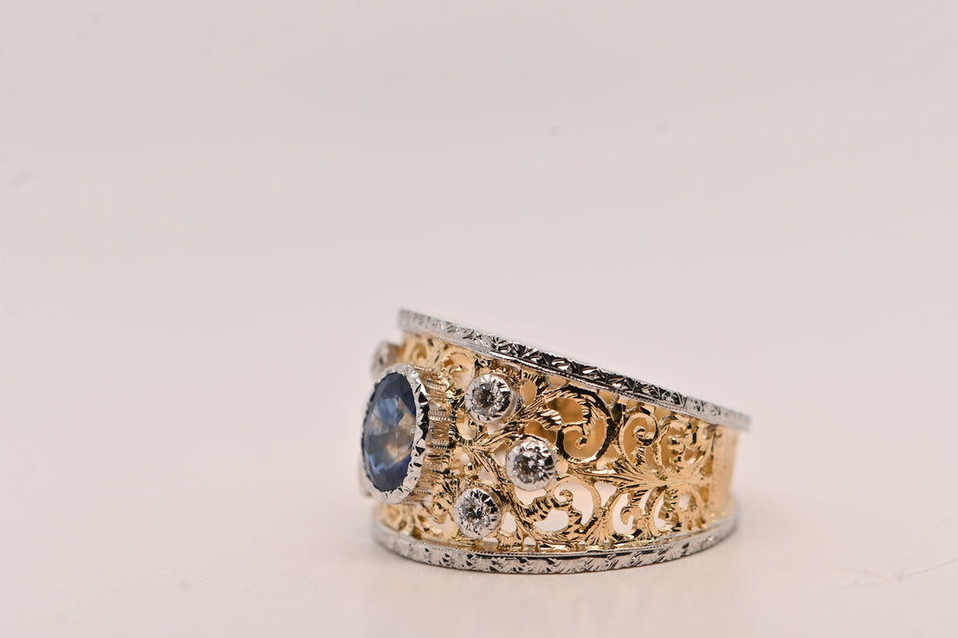 Bague saphir 0,95 carats, diamants, or bicolore