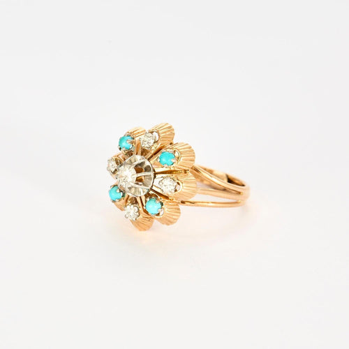 Bague 51 Bague or jaune, turquoises, diamants 58 Facettes