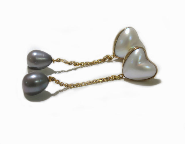Boucles d’oreilles cœur en or jaune, nacres et perles 58 Facettes
