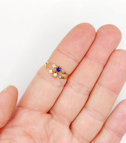Bague 57 Bague toi et moi antique en or rose 18k perle et pierre bleue 58 Facettes A06504
