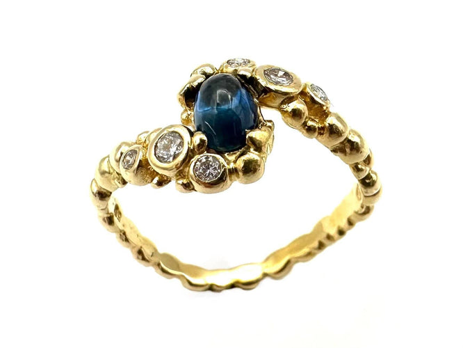 Bague 54 GILBERT ALBERT. Bague or jaune 18K, saphir et diamants 58 Facettes