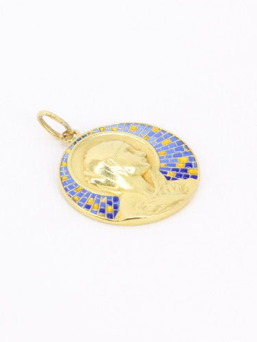 Pendentif VERNON Médaille Art nouveau Vierge or jaune émail 58 Facettes 1153.10