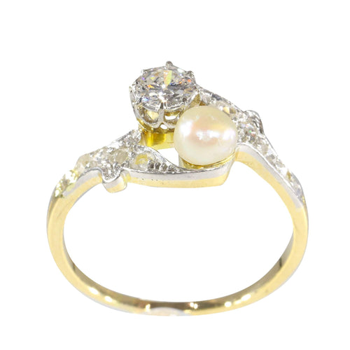Vintage Belle Epoque diamond and pearl romantic toi-et-moi engagement ring