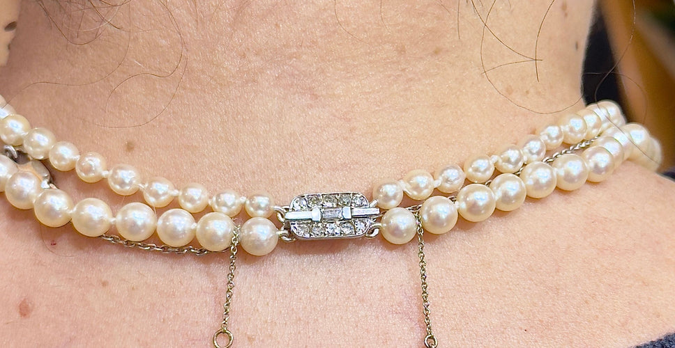 Collier Collier de perles ancien double rang, fermoir or et diamants 58 Facettes