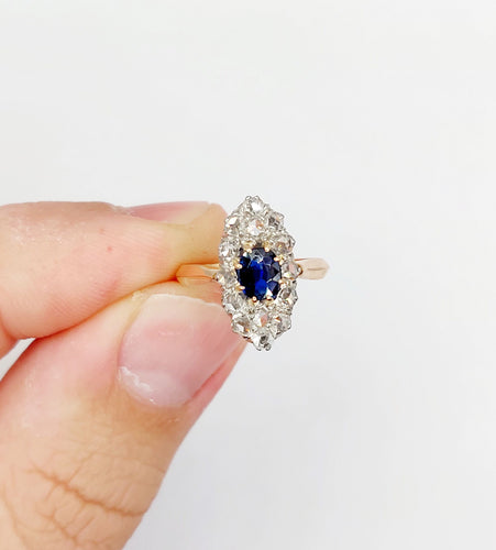 Bague 47 Bague marquise antique or rose 18k saphir synthétique taille coussin et diamants taille roses (circa 1900) 58 Facettes A05612