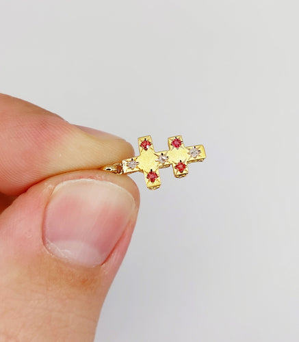 Pendentif croix de Lorraine or jaune, diamants taille rose, pierres rouges (circa 1900) 58 Facettes A05864