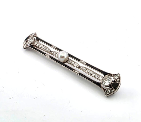 Broche Broche Art Déco des années 1920 en platine, ornée de diamants et d'une perle centrale 58 Facettes
