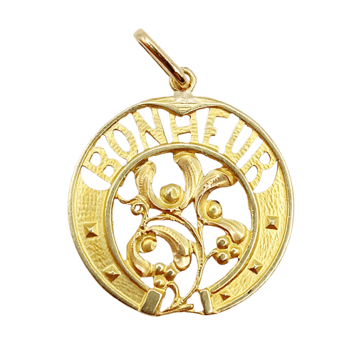Pendentif Pendentif Art Nouveau or jaune BONHEUR fer à cheval et branche de gui (circa 1920) 58 Facettes A06259