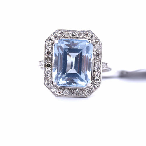 Bague 55 BAGUE EN OR BLANC 18 KT - AIGUE-MARINE ET DIAMANTS - ART DÉCO' 58 Facettes