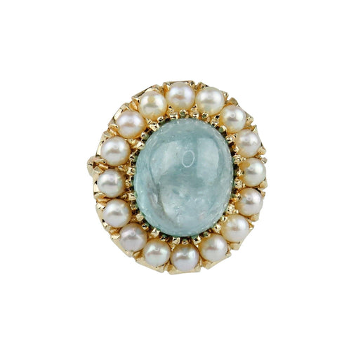 Bague 53.5 Bague vintage extravagante en or 585, ornée d'aigue-marine et de perles 58 Facettes 1996