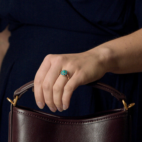 Bague 55 Bague fleur en or jaune et turquoises 58 Facettes MONTE0352