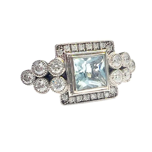 Ring 51 Art Deco style ring in 18kt gold with diamonds and aquamarine 58 Facettes Q56B