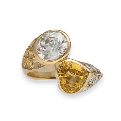 Bague 52-53 Bague Toi & Moi – Diamant 1,80 ct & Saphir Jaune Cœur 2,00 ct – Or Jaune 18k – Entourage Diamants & Saphirs – Taille 52–53 58 Facettes FB11196