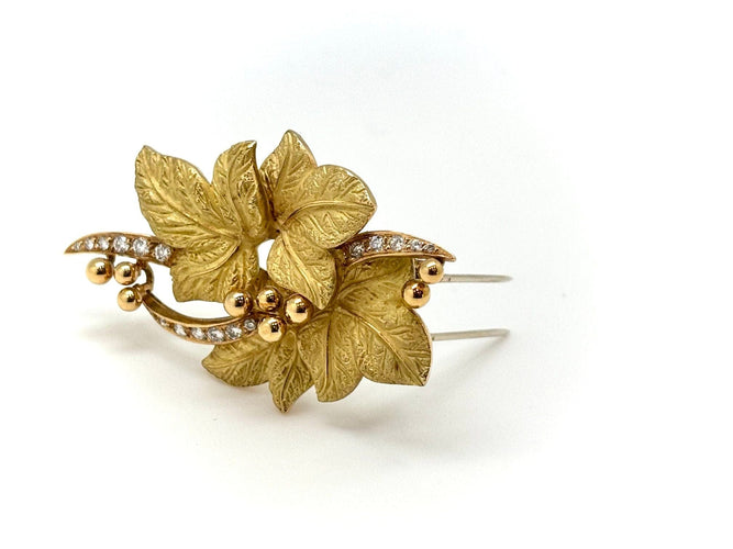 Broche 4 feuilles or jaune et diamants