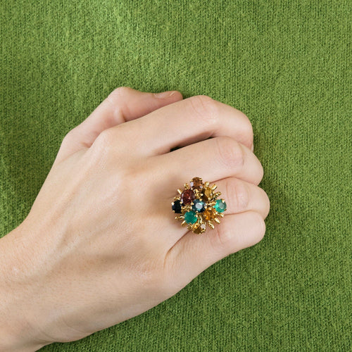 Bague Cocktail or jaune citrine spinelle oeil de tigre saphir