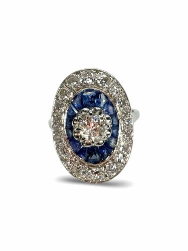 Bague ancienne or blanc saphirs et diamants 1,6 ct