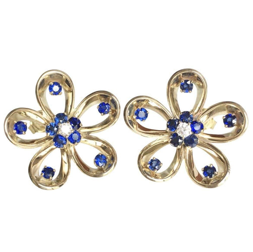 Boucles d'oreilles Boucles d’oreilles fleurs saphirs et diamants en or jaune 14K 58 Facettes