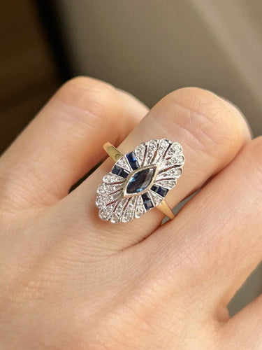 Bague 50.5 Bague Art Déco pavée en or jaune 18K et platine, saphirs et diamants 58 Facettes