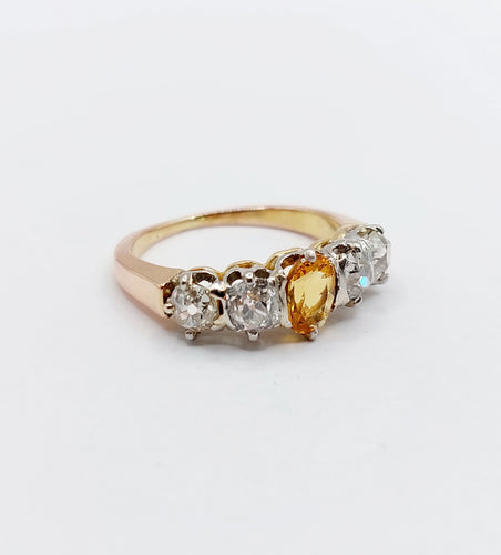 Bague jarretière antique en or rose 18k et platine, citrine et diamants