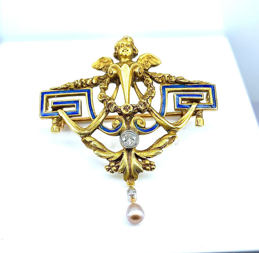 Broche Broche en or jaune 18 carats, ange, émail, diamants et perle. 58 Facettes AB557