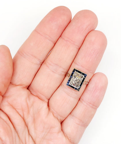 Bague marquise art deco or blanc 18k diamants et saphirs calibrés (circa 1920)