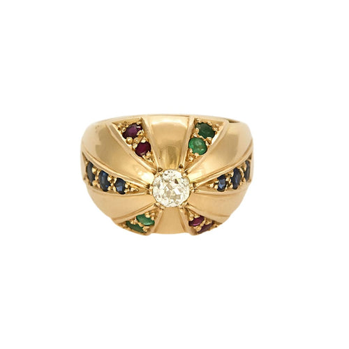 Bague 57 Bague dôme en or jaune, diamant, émeraudes, rubis et saphirs 58 Facettes B250518