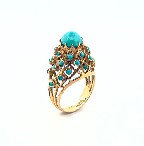Bague ancienne en or jaune et turquoises