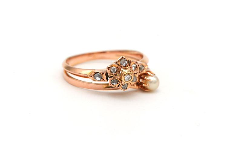 Bague Art Nouveau en or jaune 18 carats sertie d'une perle et de diamants "taille" rose