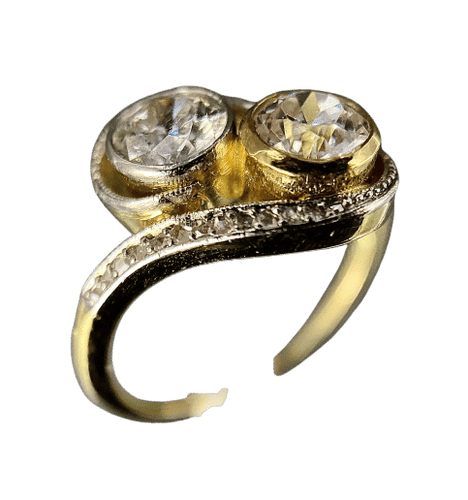 Bague Toi et Moi Art Nouveau or jaune, platine, diamants