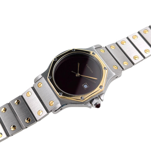 Montre Cartier Santos RARE Santos Round Octagon Date 2966 Burgundy Red Ruby Large Octogonale Gold Stainless 58 Facettes
