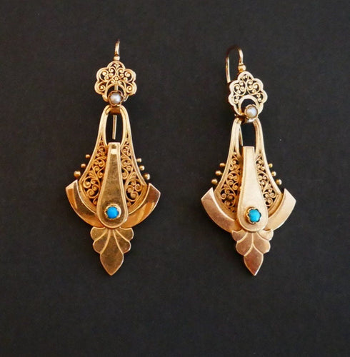 Boucles d'oreilles Boucles d'Oreilles Napoléon III en Or Rose, Perles et Turquoises 58 Facettes