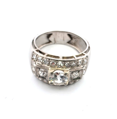 Bague 54 Superbe bague Art déco en or blanc 18 carats avec un gros diamant central et des diamants environnants 58 Facettes