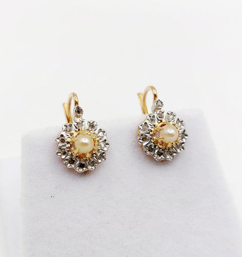 Dormeuses marguerite antique or 18k perle et diamants taille roses (circa 1900)